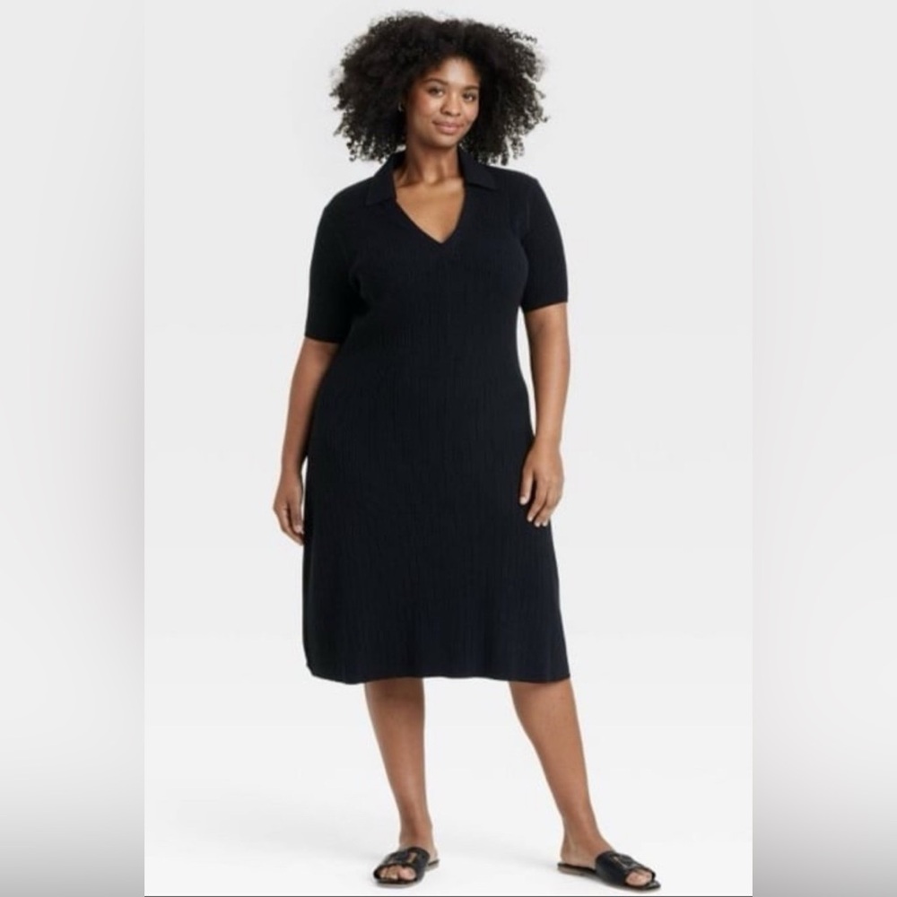 Plus size Ava & Viv Black short sleeve midweight MIDI Elegant sweater Dress 2X.